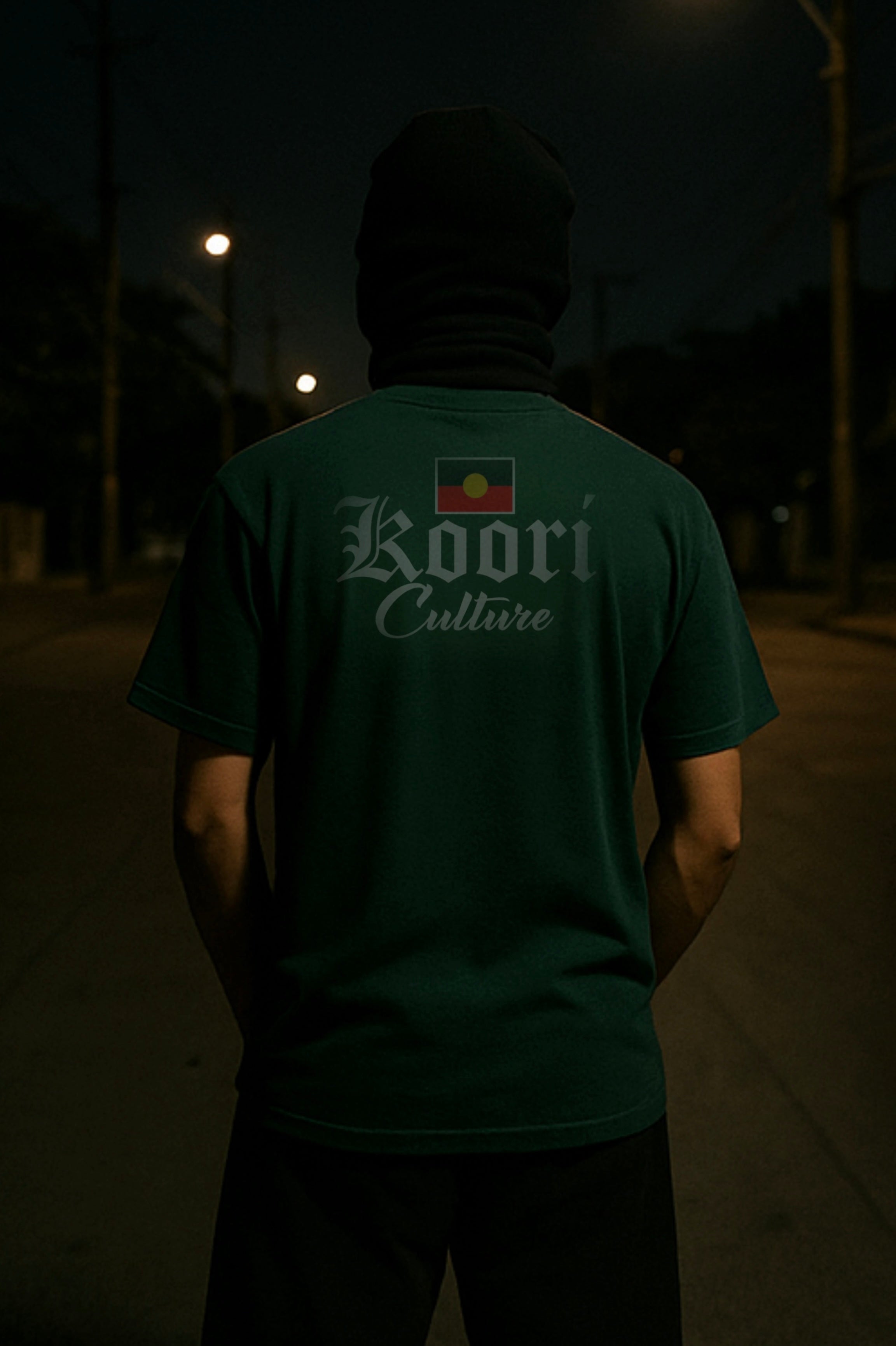 Koori Culture Old English Flag Staple Tee Green
